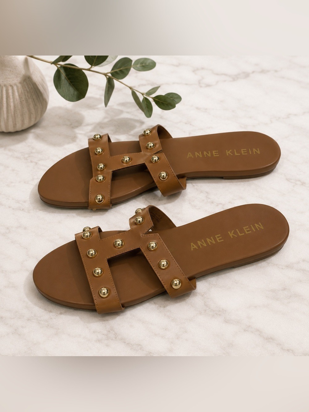 Anne Klein Cognac Slide Sandals with Gold Studs Size 10 US!